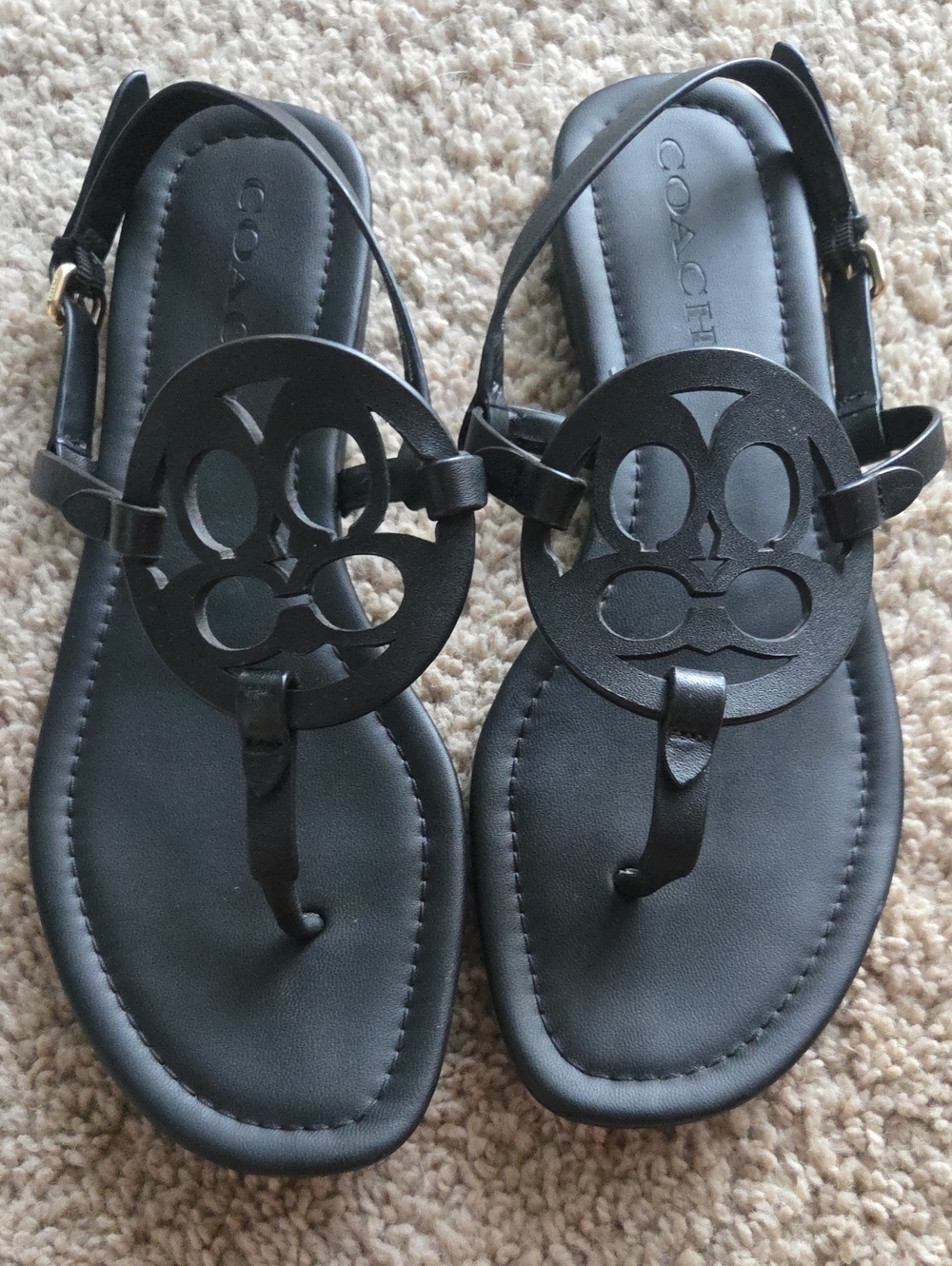 Coach Black Leather Logo Circle Thong Sandals